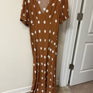 A New Day Caramel Polka Dot V-Neck Maxi Dress Medium